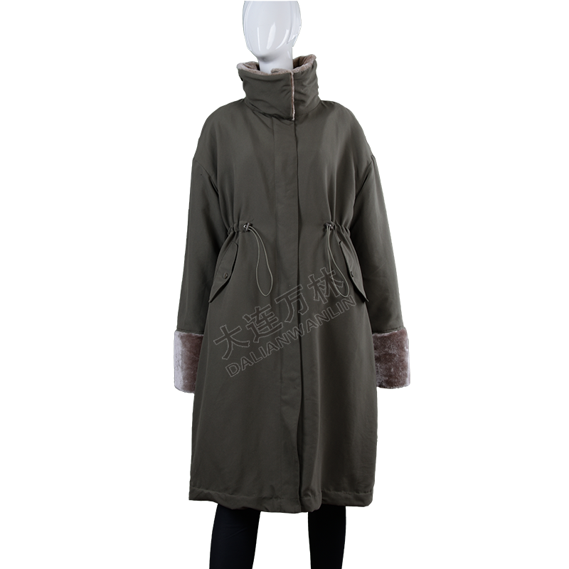 女士立領(lǐng)毛毛袖口長(zhǎng)款羽絨服