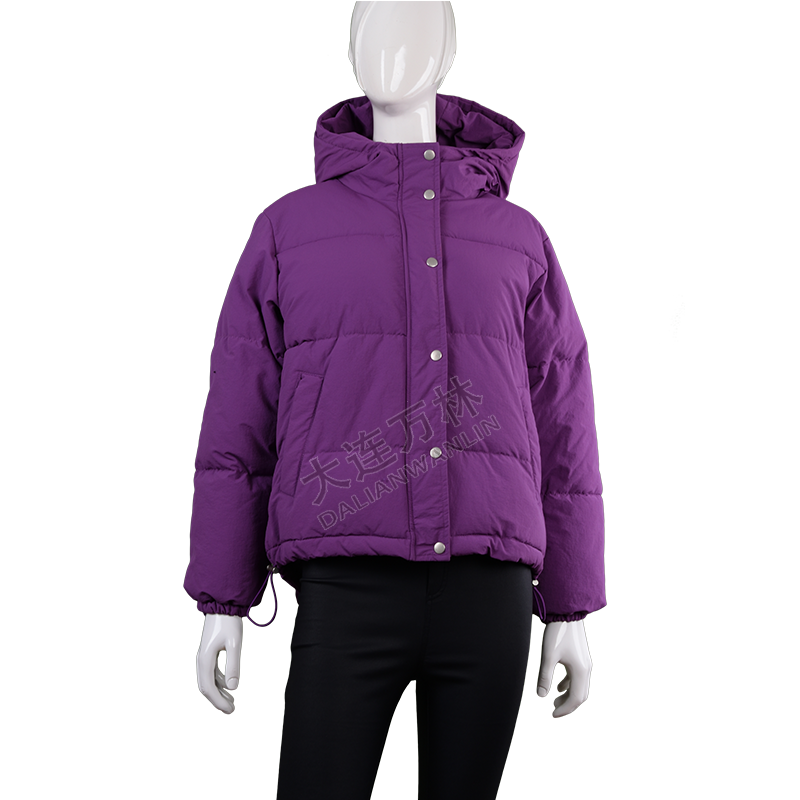 紫色短款連帽抽繩羽絨服