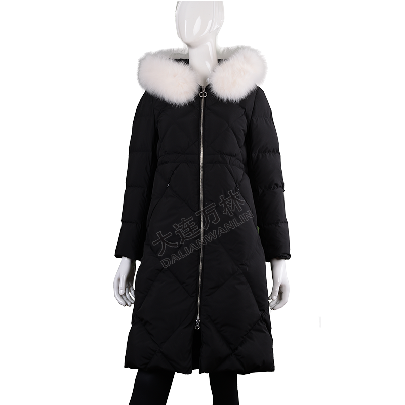 黑色長(zhǎng)款毛領(lǐng)連帽羽絨服